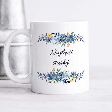 Hrnček Najlepší starký – modré kvety aj s menom