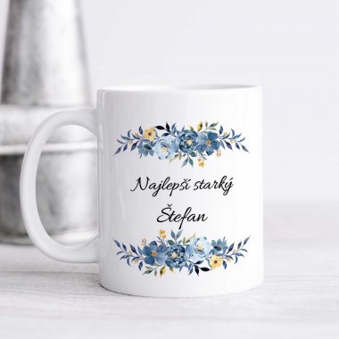 Hrnček Najlepší starký – modré kvety aj s menom