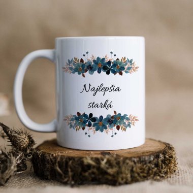 Hrnček Najlepšia starká – modré kvety aj s menom