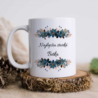 Hrnček Najlepšia starká – modré kvety aj s menom