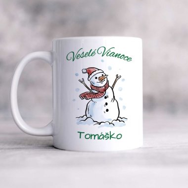 Detský vianočný hrnček – Veselé Vianoce, snehuliak s menom
