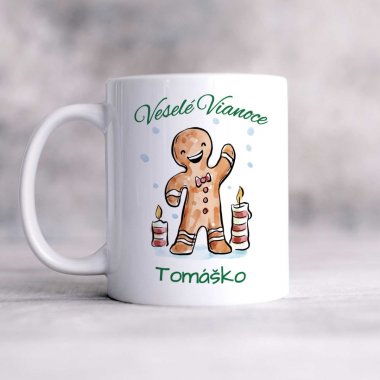 Detský vianočný hrnček – Veselé Vianoce, perníček s menom