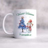 Detský vianočný hrnček – Veselé Vianoce, stromček a snehuliak s menom